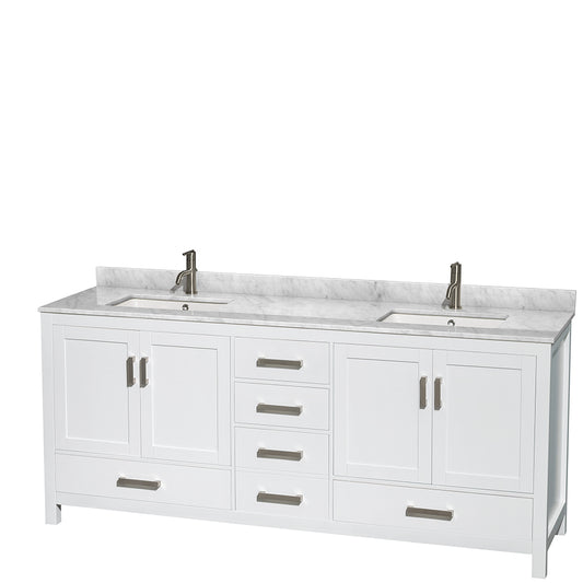 80 inch Double Bathroom Vanity in White, White Carrara Marble Countertop, Undermount Square Sinks, and No Mirror - Luxe Bathroom Vanities Luxury Bathroom Fixtures Bathroom Furniture