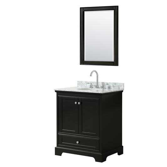30 Inch Single Bathroom Vanity, White Carrara Marble Countertop, Undermount Oval Sink, and 24 Inch Mirror - Luxe Bathroom Vanities Luxury Bathroom Fixtures Bathroom Furniture