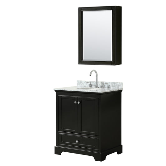 30 Inch Single Bathroom Vanity, White Carrara Marble Countertop, Undermount Oval Sink, and Medicine Cabinet - Luxe Bathroom Vanities Luxury Bathroom Fixtures Bathroom Furniture
