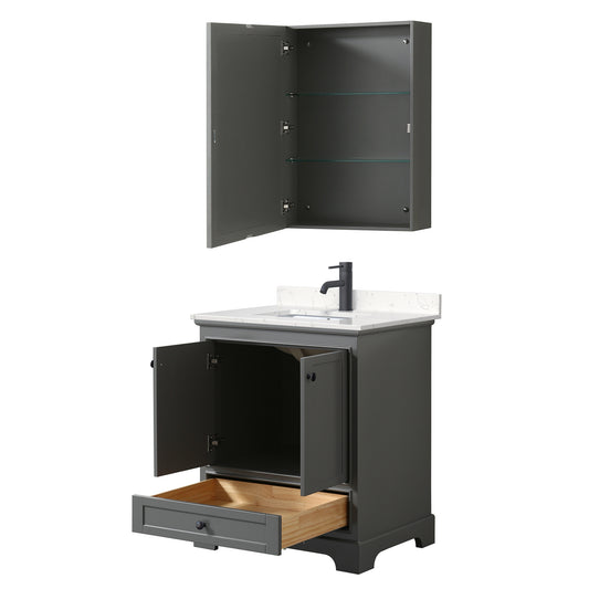 Wyndham Deborah 30 Inch Single Bathroom Vanity Carrara Cultured Marble Countertop, Undermount Square Sink in Matte Black Trim with Medicine Cabinet - Luxe Bathroom Vanities