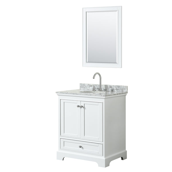 30 Inch Single Bathroom Vanity, White Carrara Marble Countertop, Undermount Oval Sink, and 24 Inch Mirror - Luxe Bathroom Vanities Luxury Bathroom Fixtures Bathroom Furniture
