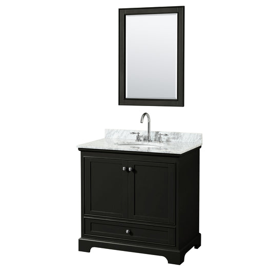 36 Inch Single Bathroom Vanity, White Carrara Marble Countertop, Undermount Oval Sink, and 24 Inch Mirror - Luxe Bathroom Vanities Luxury Bathroom Fixtures Bathroom Furniture