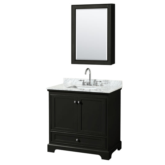 36 Inch Single Bathroom Vanity, White Carrara Marble Countertop, Undermount Square Sink, and Medicine Cabinet - Luxe Bathroom Vanities Luxury Bathroom Fixtures Bathroom Furniture