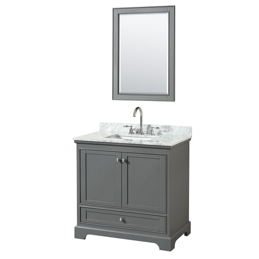 36 inch Single Bathroom Vanity, White Carrara Marble Countertop, Undermount Square Sink, and 24 inch Mirror - Luxe Bathroom Vanities Luxury Bathroom Fixtures Bathroom Furniture