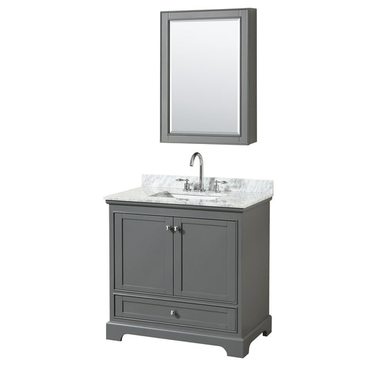 36 inch Single Bathroom Vanity, White Carrara Marble Countertop, Undermount Square Sink, and Medicine Cabinet - Luxe Bathroom Vanities Luxury Bathroom Fixtures Bathroom Furniture