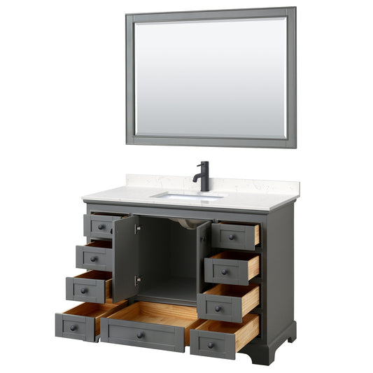 Wyndham Deborah 48 Inch Single Bathroom Vanity Carrara Cultured Marble Countertop, Undermount Square Sink in Matte Black Trim with 46 Inch Mirror - Luxe Bathroom Vanities