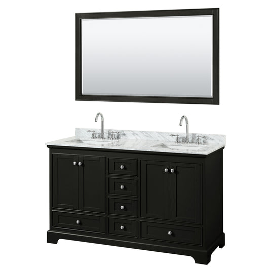 60 Inch Double Bathroom Vanity in Dark Espresso, White Carrara Marble Countertop, Undermount Square Sinks, and 58 Inch Mirror - Luxe Bathroom Vanities Luxury Bathroom Fixtures Bathroom Furniture