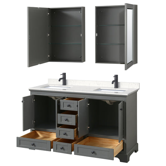 Wyndham Deborah 60 Inch Double Bathroom Vanity Carrara Cultured Marble Countertop, Undermount Square Sinks in Matte Black Trim with Medicine Cabinets - Luxe Bathroom Vanities