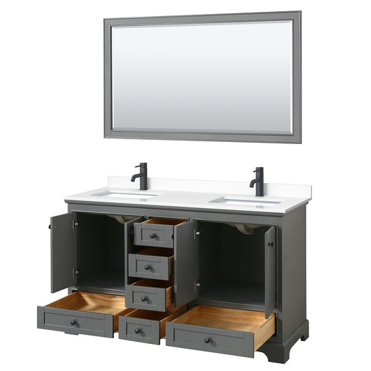 Wyndham Deborah 60 Inch Double Bathroom Vanity White Cultured Marble Countertop, Undermount Square Sinks in Matte Black Trim with 58 Inch Mirror - Luxe Bathroom Vanities