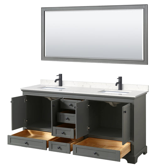 Wyndham Deborah 72 Inch Double Bathroom Vanity Carrara Cultured Marble Countertop, Undermount Square Sinks in Matte Black Trim with 70 Inch Mirror - Luxe Bathroom Vanities