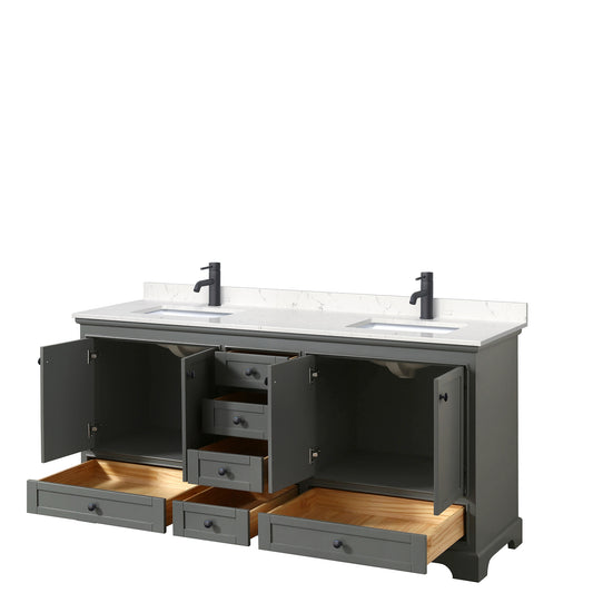 Wyndham Deborah 72 Inch Double Bathroom Vanity Carrara Cultured Marble Countertop with Undermount Square Sinks in Matte Black Trim - Luxe Bathroom Vanities