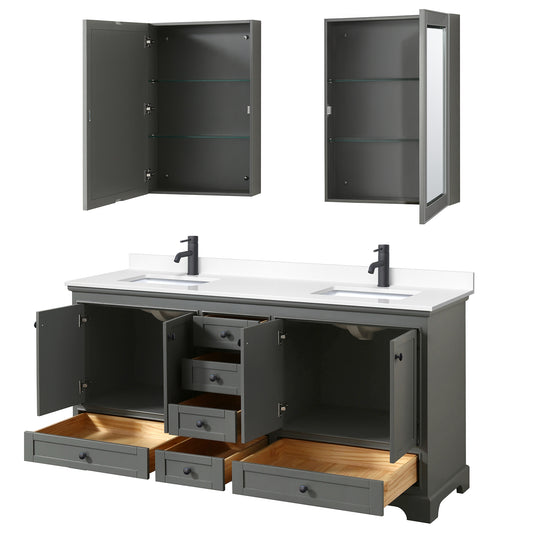 Wyndham Deborah 72 Inch Double Bathroom Vanity White Cultured Marble Countertop, Undermount Square Sinks in Matte Black Trim with Medicine Cabinets - Luxe Bathroom Vanities