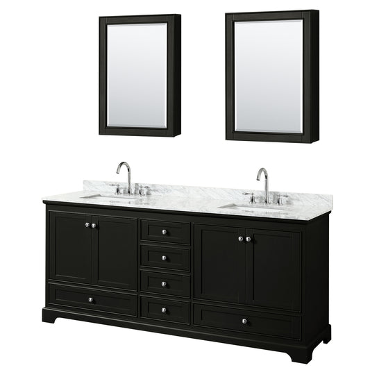 80 Inch Double Bathroom Vanity in Dark Espresso, White Carrara Marble Countertop, Undermount Square Sinks, and Medicine Cabinets - Luxe Bathroom Vanities Luxury Bathroom Fixtures Bathroom Furniture