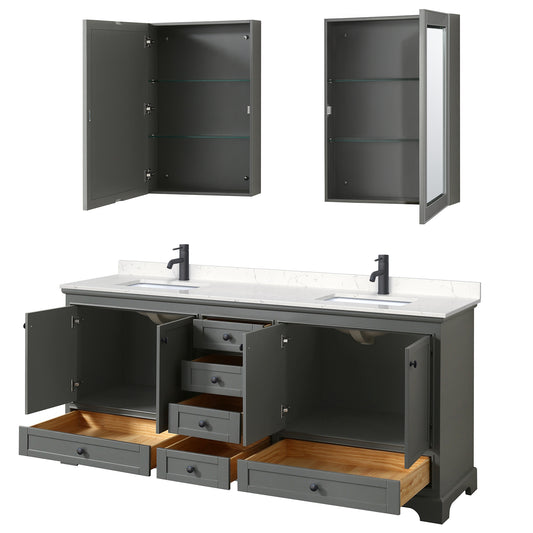 Wyndham Deborah 80 Inch Double Bathroom Vanity Carrara Cultured Marble Countertop, Undermount Square Sinks in Matte Black Trim with Medicine Cabinets - Luxe Bathroom Vanities