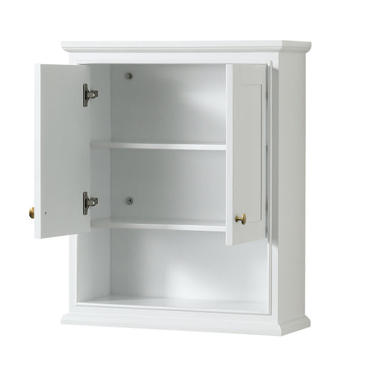 Wyndham Deborah Over-the-Toilet Bathroom Wall-Mounted Storage Cabinet in White with Brushed Gold Trim - Luxe Bathroom Vanities