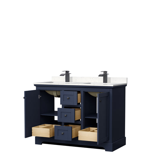Wyndham Avery 48 Inch Double Bathroom Vanity Light-Vein Carrara Cultured Marble Countertop with Undermount Square Sinks in Matte Black Trim - Luxe Bathroom Vanities