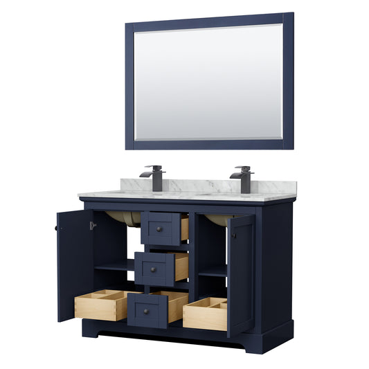 Wyndham Avery 48 Inch Double Bathroom Vanity White Carrara Marble Countertop, Undermount Square Sinks in Matte Black Trim with 46 Inch Mirror - Luxe Bathroom Vanities