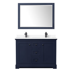 Wyndham Avery 48 Inch Double Bathroom Vanity White Cultured Marble Countertop, Undermount Square Sinks in Matte Black Trim with 46 Inch Mirror - Luxe Bathroom Vanities