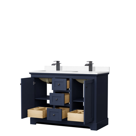 Wyndham Avery 48 Inch Double Bathroom Vanity White Cultured Marble Countertop with Undermount Square Sinks in Matte Black Trim - Luxe Bathroom Vanities