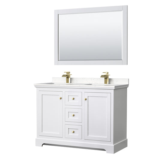 Wyndham Avery 48 Inch Double White Bathroom Vanity with Brushed Gold Trim Hardware - Luxe Bathroom Vanities