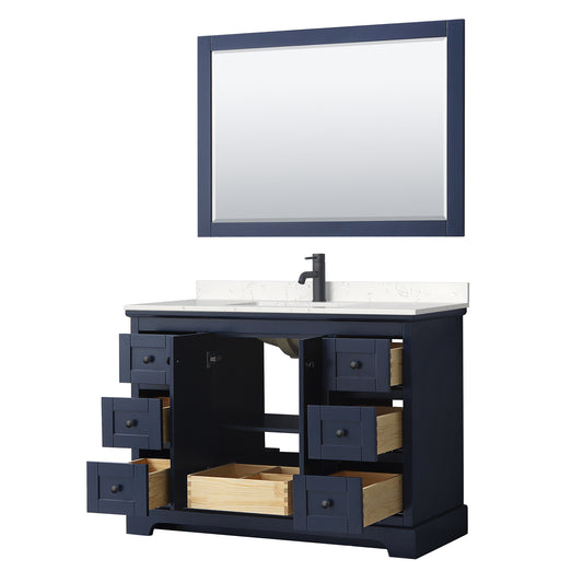 Wyndham Avery 48 Inch Single Bathroom Vanity Light-Vein Carrara Cultured Marble Countertop, Undermount Square Sink in Matte Black Trim with 46 Inch Mirror - Luxe Bathroom Vanities