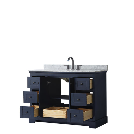 Wyndham Avery 48 Inch Single Bathroom Vanity White Carrara Marble Countertop with Undermount Oval Sink in Matte Black Trim - Luxe Bathroom Vanities