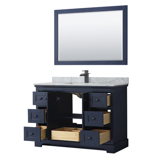 Wyndham Avery 48 Inch Single Bathroom Vanity White Carrara Marble Countertop, Undermount Square Sink in Matte Black Trim with 46 Inch Mirror - Luxe Bathroom Vanities