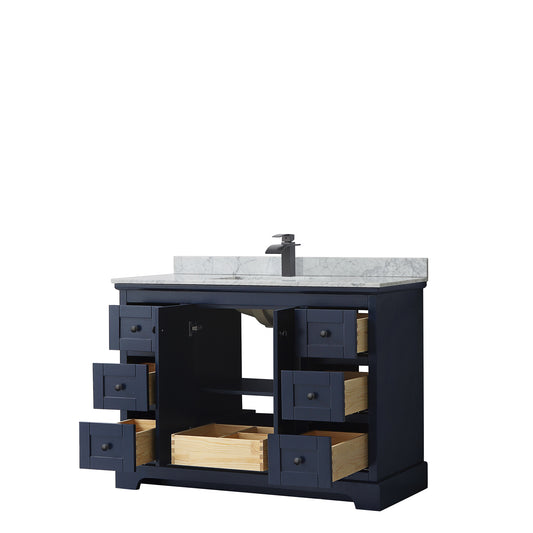 Wyndham Avery 48 Inch Single Bathroom Vanity White Carrara Marble Countertop with Undermount Square Sink in Matte Black Trim - Luxe Bathroom Vanities