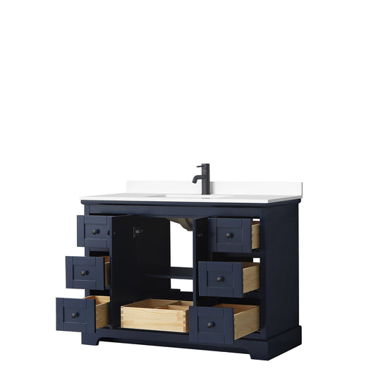 Wyndham Avery 48 Inch Single Bathroom Vanity White Cultured Marble Countertop with Undermount Square Sink Matte Black Trim - Luxe Bathroom Vanities