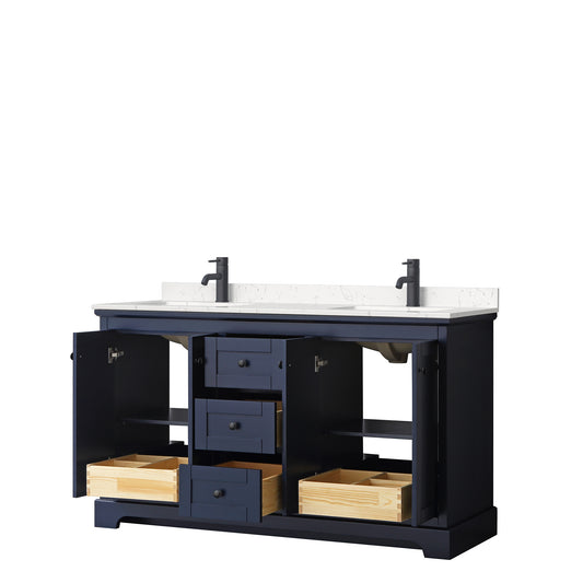 Wyndham Avery 60 Inch Double Bathroom Vanity Light-Vein Carrara Cultured Marble Countertop with Undermount Square Sinks in Matte Black Trim - Luxe Bathroom Vanities