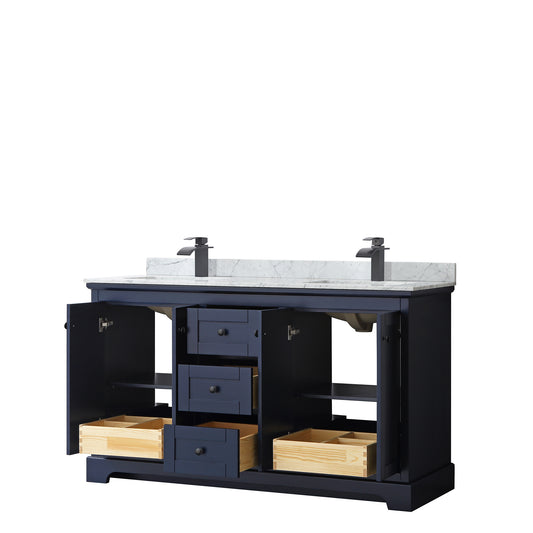 Wyndham Avery 60 Inch Double Bathroom Vanity White Carrara Marble Countertop with Undermount Square Sinks in Matte Black Trim - Luxe Bathroom Vanities