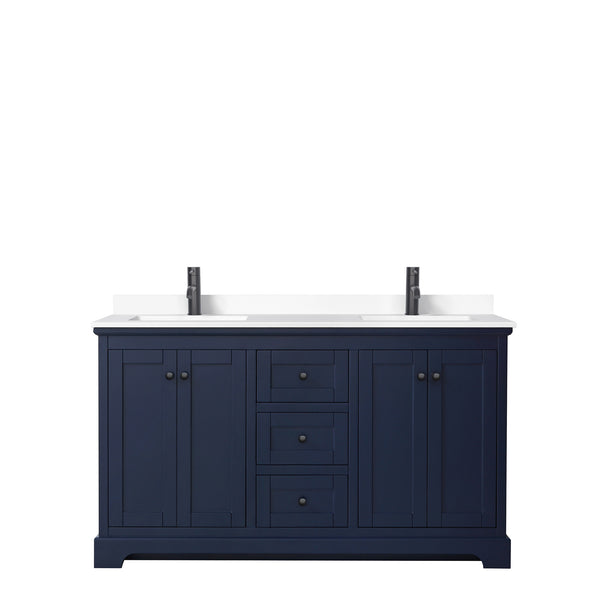 Wyndham Avery 60 Inch Double Bathroom Vanity White Cultured Marble Countertop with Undermount Square Sinks in Matte Black Trim - Luxe Bathroom Vanities