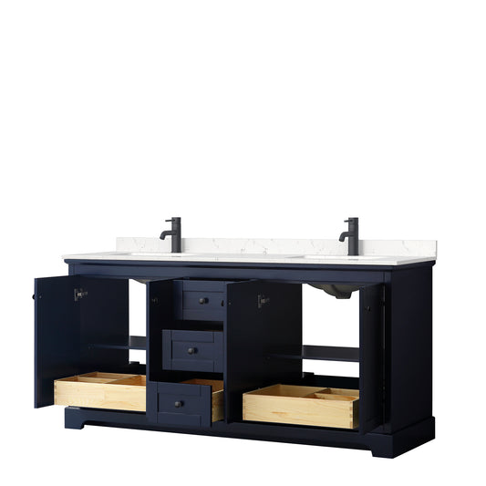 Wyndham Avery 72 Inch Double Bathroom Vanity Light-Vein Carrara Cultured Marble Countertop with Undermount Square Sinks in Matte Black Trim - Luxe Bathroom Vanities