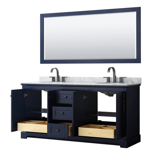 Wyndham Avery 72 Inch Double Bathroom Vanity White Carrara Marble Countertop, Undermount Oval Sinks in Matte Black Trim with 70 Inch Mirror - Luxe Bathroom Vanities