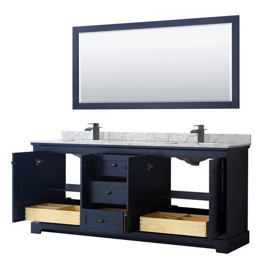 Wyndham Avery 80 Inch Double Bathroom Vanity White Carrara Marble Countertop, Undermount Square Sinks in Matte Black Trim with 70 Inch Mirror - Luxe Bathroom Vanities