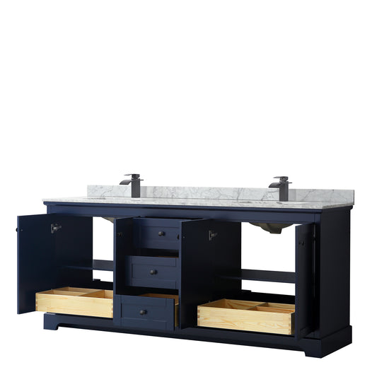 Wyndham Avery 80 Inch Double Bathroom Vanity White Carrara Marble Countertop with Undermount Square Sinks in Matte Black Trim - Luxe Bathroom Vanities