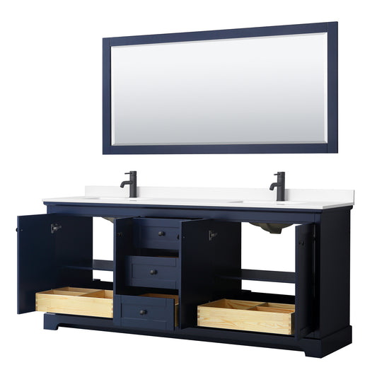 Wyndham Avery 80 Inch Double Bathroom Vanity White Cultured Marble Countertop, Undermount Square Sinks in Matte Black Trim with 70 Inch Mirror - Luxe Bathroom Vanities