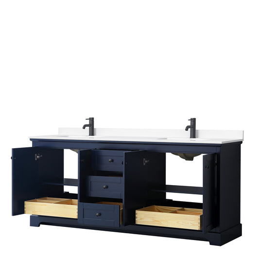 Wyndham Avery 80 Inch Double Bathroom Vanity White Cultured Marble Countertop with Undermount Square Sinks in Matte Black Trim - Luxe Bathroom Vanities