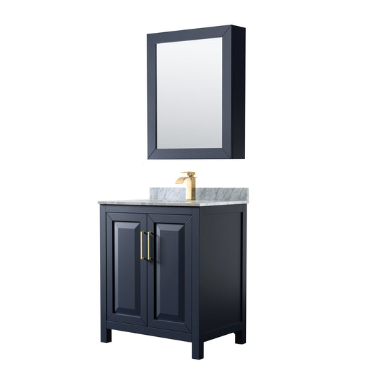 30 Inch Single Bathroom Vanity in Dark Blue, White Carrara Marble Countertop, Undermount Square Sink, Medicine Cabinet - Luxe Bathroom Vanities Luxury Bathroom Fixtures Bathroom Furniture
