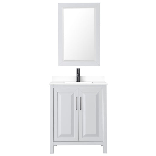 Wyndham Daria 30 Inch Single Bathroom Vanity White Cultured Marble Countertop, Undermount Square Sink in Matte Black Trim with 24 Inch Mirror - Luxe Bathroom Vanities