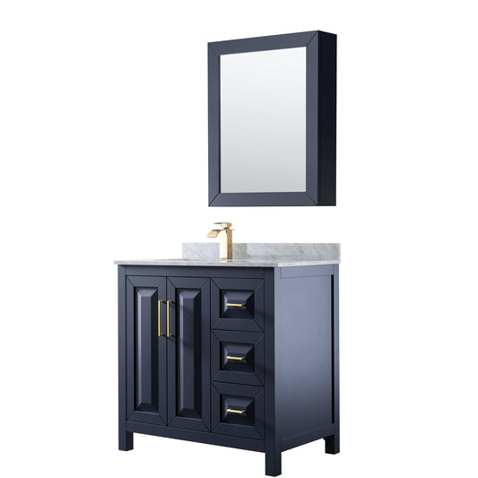 36 Inch Single Bathroom Vanity in Dark Blue, White Carrara Marble Countertop, Undermount Square Sink, Medicine Cabinet - Luxe Bathroom Vanities Luxury Bathroom Fixtures Bathroom Furniture