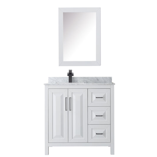 Wyndham Daria 36 Inch Single Bathroom Vanity White Carrara Marble Countertop, Undermount Square Sink in Matte Black Trim with Medicine Cabinet - Luxe Bathroom Vanities