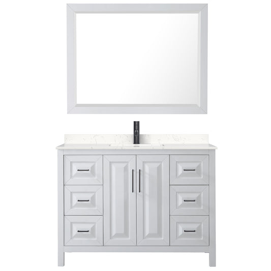 Wyndham Daria 48 Inch Single Bathroom Vanity Light-Vein Carrara Cultured Marble Countertop, Undermount Square Sink in Matte Black Trim with 46 Inch Mirror - Luxe Bathroom Vanities
