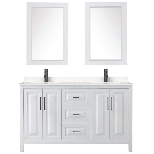 Wyndham Daria 60 Inch Double Bathroom Vanity Light-Vein Carrara Cultured Marble Countertop, Undermount Square Sinks in Matte Black Trim with 24 Inch Mirrors - Luxe Bathroom Vanities