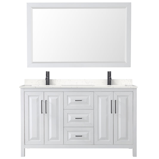 Wyndham Daria 60 Inch Double Bathroom Vanity Light-Vein Carrara Cultured Marble Countertop, Undermount Square Sinks in Matte Black Trim with 58 Inch Mirror - Luxe Bathroom Vanities