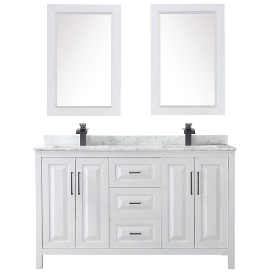 Wyndham Daria 60 Inch Double Bathroom Vanity White Carrara Marble Countertop, Undermount Square Sinks in Matte Black Trim with 24 Inch Mirrors - Luxe Bathroom Vanities