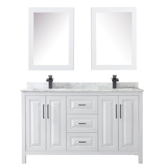 Wyndham Daria 60 Inch Double Bathroom Vanity White Carrara Marble Countertop, Undermount Square Sinks in Matte Black Trim with Medicine Cabinets - Luxe Bathroom Vanities