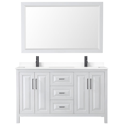 Wyndham Daria 60 Inch Double Bathroom Vanity White Cultured Marble Countertop, Undermount Square Sinks in Matte Black Trim with 58 Inch Mirror - Luxe Bathroom Vanities