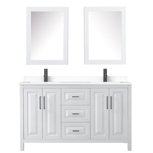 Wyndham Daria 60 Inch Double Bathroom Vanity White Cultured Marble Countertop, Undermount Square Sinks in Matte Black Trim with Medicine Cabinets - Luxe Bathroom Vanities