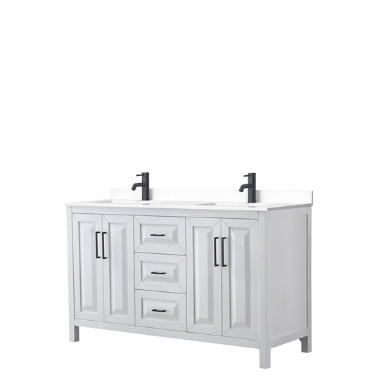 Wyndham Daria 60 Inch Double Bathroom Vanity White Cultured Marble Countertop with Undermount Square Sinks in Matte Black Trim - Luxe Bathroom Vanities